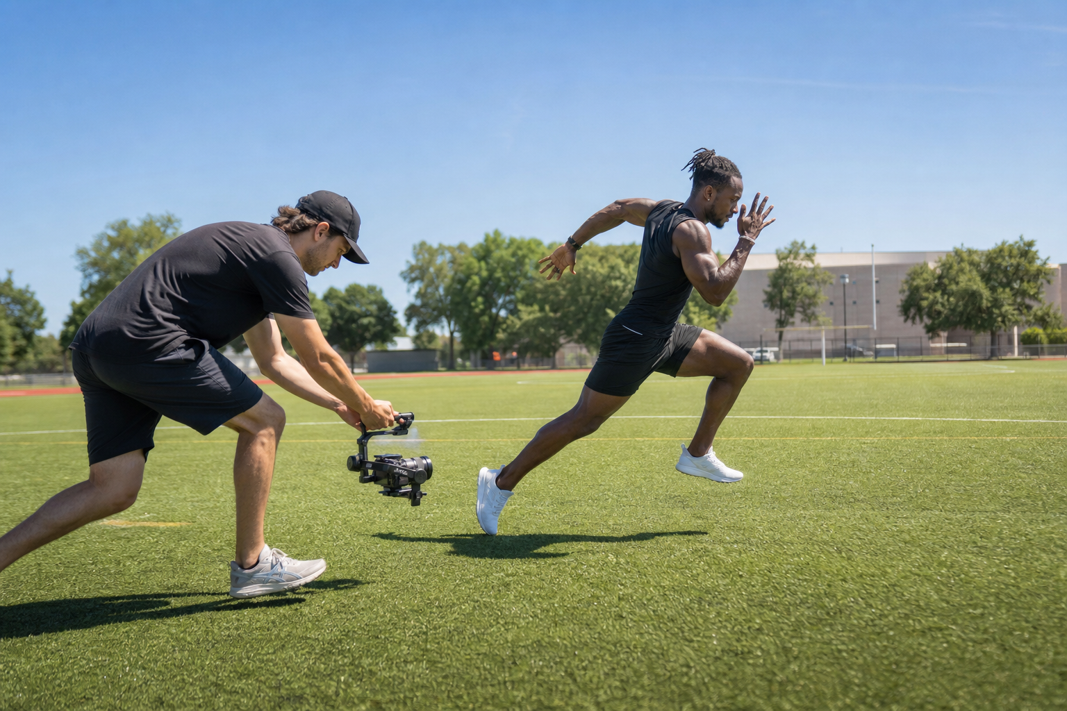 Videographer filming an athlete mid-motion on a sunny field