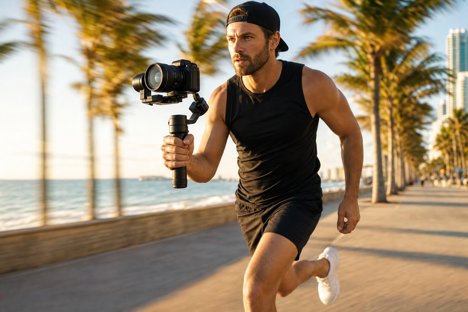 Videographer running with a gimbal-stabilized camera filming action along a Miami boardwalk