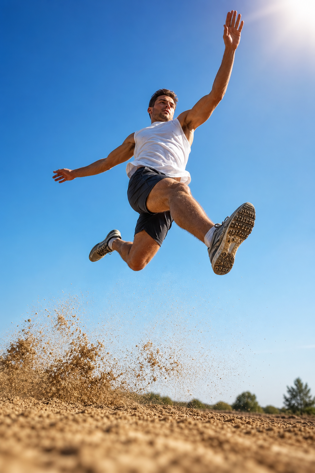 Dynamic low-angle shot of an athlete captured mid-jump